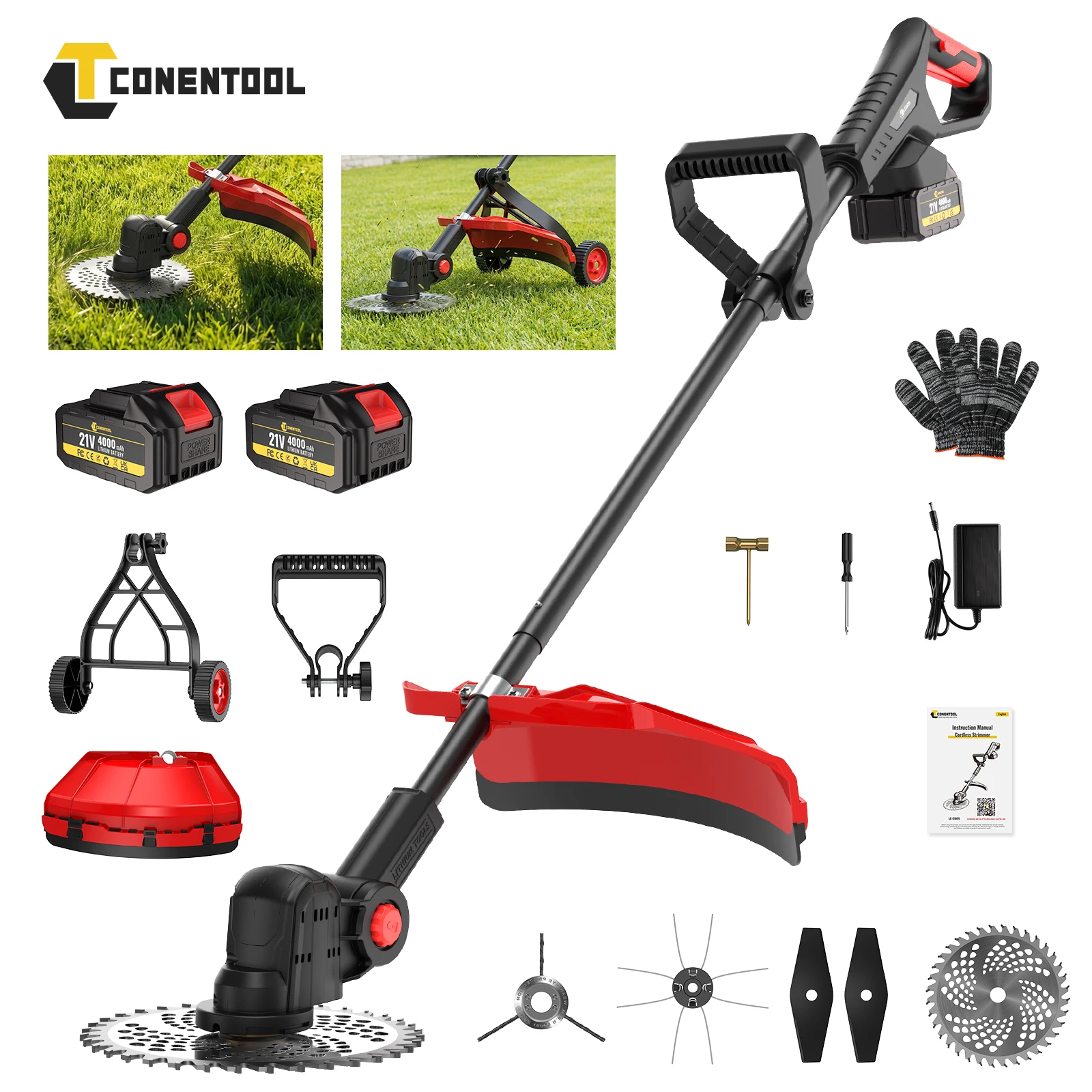 CONENTOOL Tondeuse à gazon sans fil sans balais de 10 pouces 36000 tr/min, débroussailleuse électrique avec roue pour batterie Makita 18V