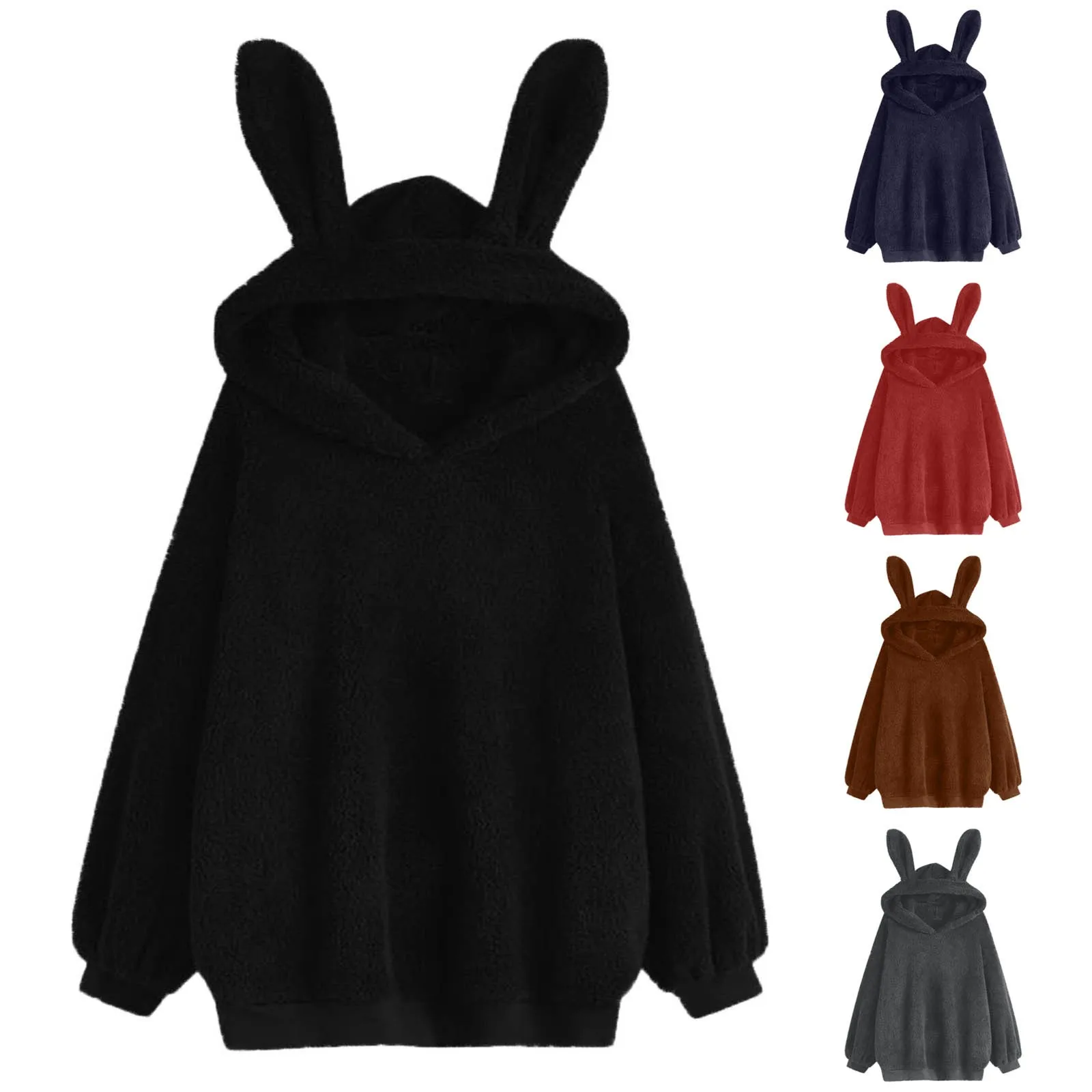 Women\'s Autumn Winter Keep Warm Casual Cute Bunny Ears Long Sleeve Solid Color Fleece Kawaii Loose Hoodie Coat Jacket Sweatshirt