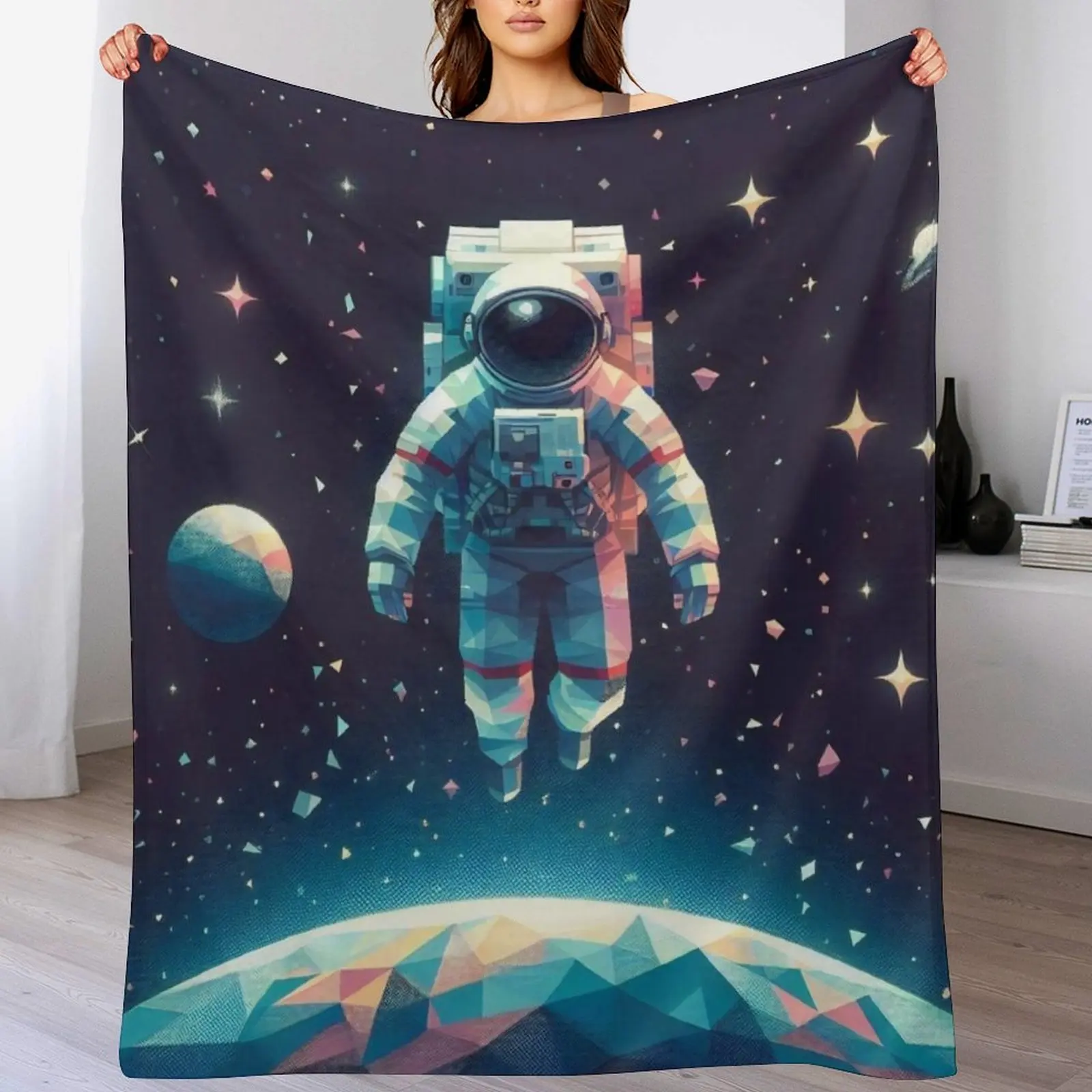 Astronaut Floating Above Geometric Planet in Starlit Galaxy Throw Blanket Soft Solid Color Blanket for Couch Bed