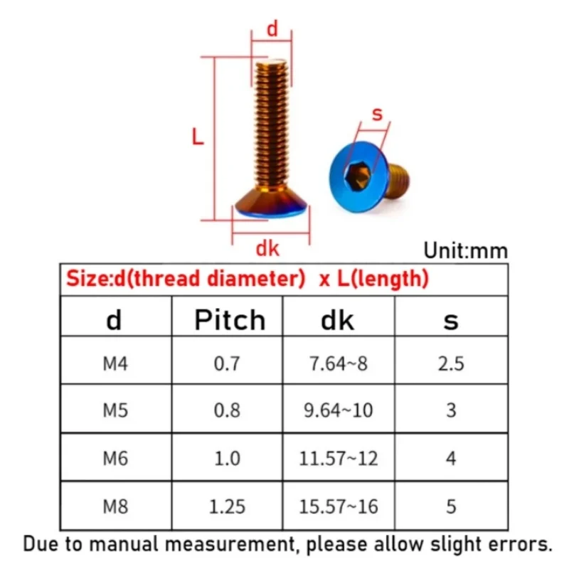 M4 M5 M6 M8 Steering Wheel Countersunk Screw Flat Head Hex Socket Allen Bolt 304 Stainless Steel Titanium Blue Motorcycle Screws