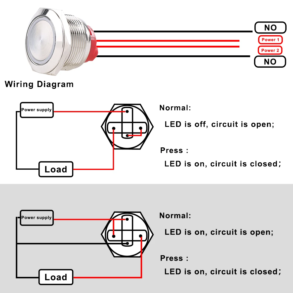 1 pc 22mm19mm16mm Waterproof Metal Push Button Switches With 4 Wires 165mm 1NO Red Green Blue 12-24V High Momentary latching