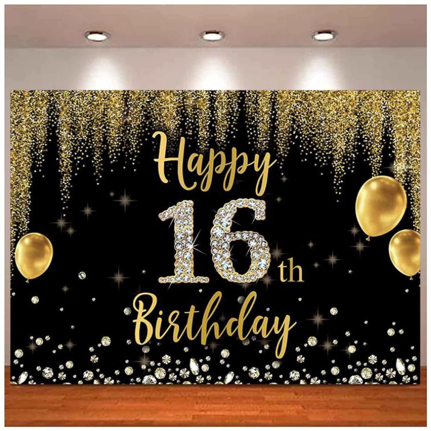 

Happy 16th Birthday Photography Backdrop Glitter Black And Gold Diamond Background 16 Years Old Party Sixteen Cake Table Banner