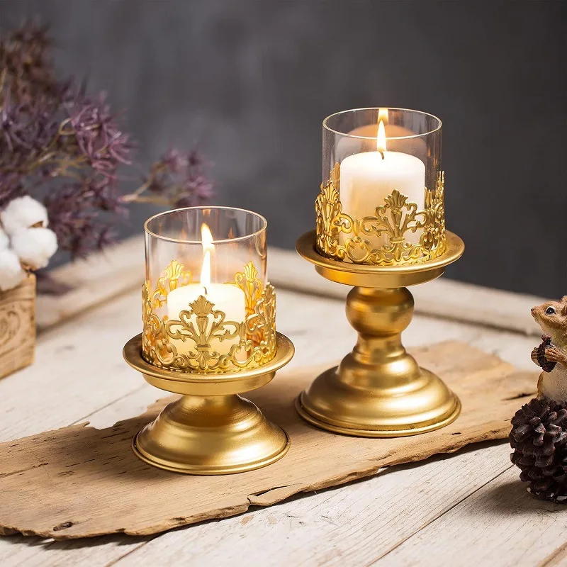 Vintage Iron Candle Holder with Windproof Glass Cup, Table Centerpiece for Dinner/Wedding/Home Decor, Candlestick Lamp Stand