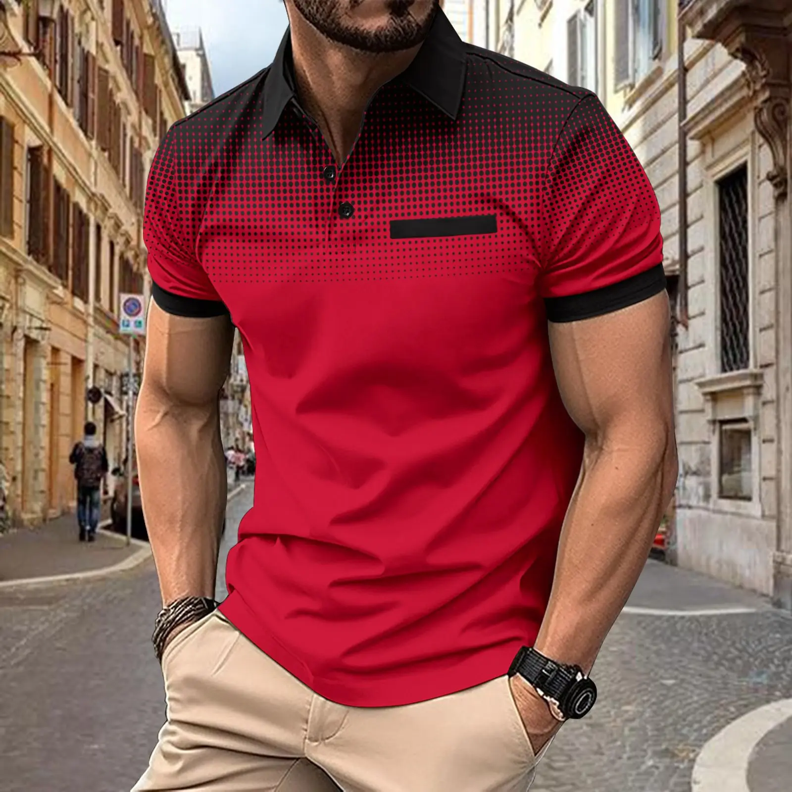 Polo con estampado degradado para hombre, camiseta con puntos para deportes casuales, ajuste delgado y ropa muscular al aire libre, Verano