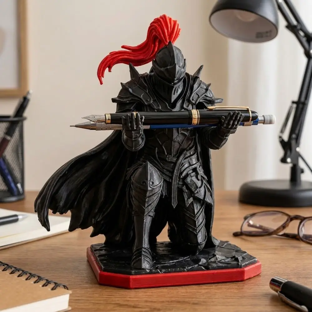 Plastic Kneeling Knight Pen Holder Statue Novelty Gift Red Plume Dark Knight Desktop Pen Holder 3D Printed