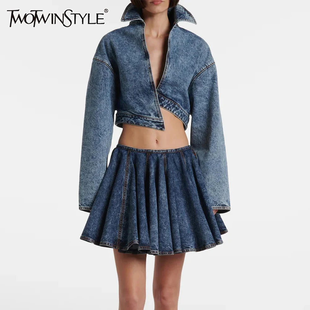 

TWOTWINSTYLE Solid Two Piece Set for Women Stand Up Collar Long Sleeve Coat High Waist Mini Skirt Sets Female New