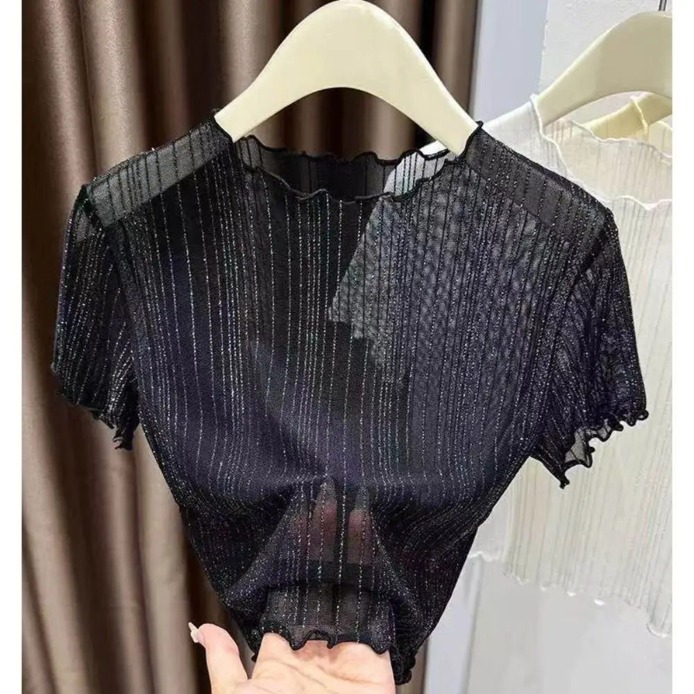 Elegant Nylon Silver Thread Lace Top Semi-sheer Mesh Fabric Lace Short Sleeve Mesh Tee Short Sleeve Elegant Sheer Blouse Women