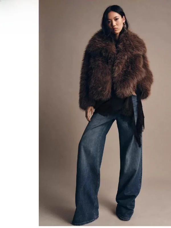 

Повседневный модный женский топ с воротником из искусственного меха ранней осени, топ 2025 г., женская верхняя одежда свободного покроя, длинный све, чистый цвет