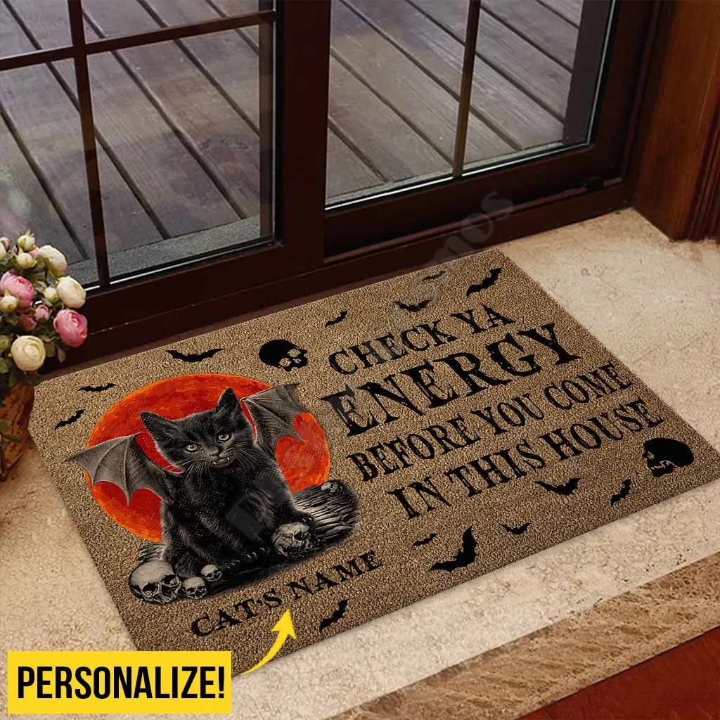 

Halloween Check Ya Energy Black Cat Custom Name Doormat 3D All Over Printed doormat Non Slip Door Floor Mats Decor Porch Doormat