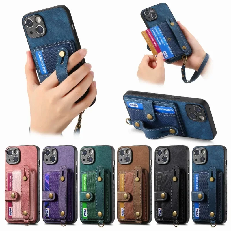 Wrist Strap PU Leather Stand Phone Case for IPhone 13 12 Mini 16 15 14 11 Pro Max XS X XR 8 7 Plus Wallet with Card Holder Cover