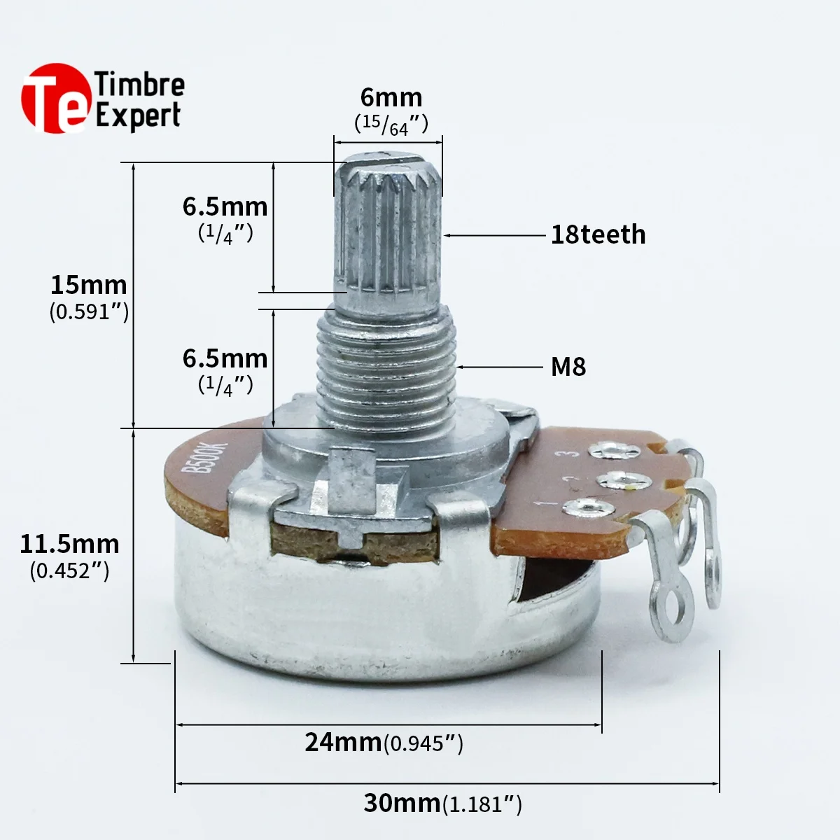 2Pcs Electric Guitar& Bass Aluminum Potentiometer A250K/ B250K/ A500K/ B500K  1/4''  Short Shaft 15mm 18-teeth