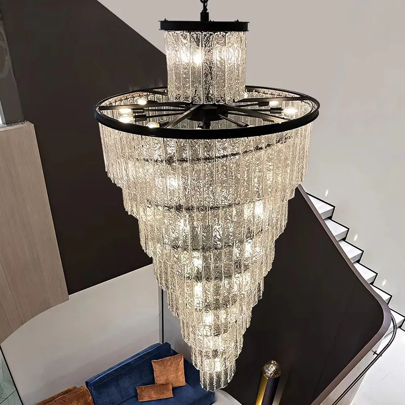 Modern Glass Staircase Chandelier Led Black Indoor Lighting Creative Design Home Decor Lamp Luxury Large Lobby Round Lustre
