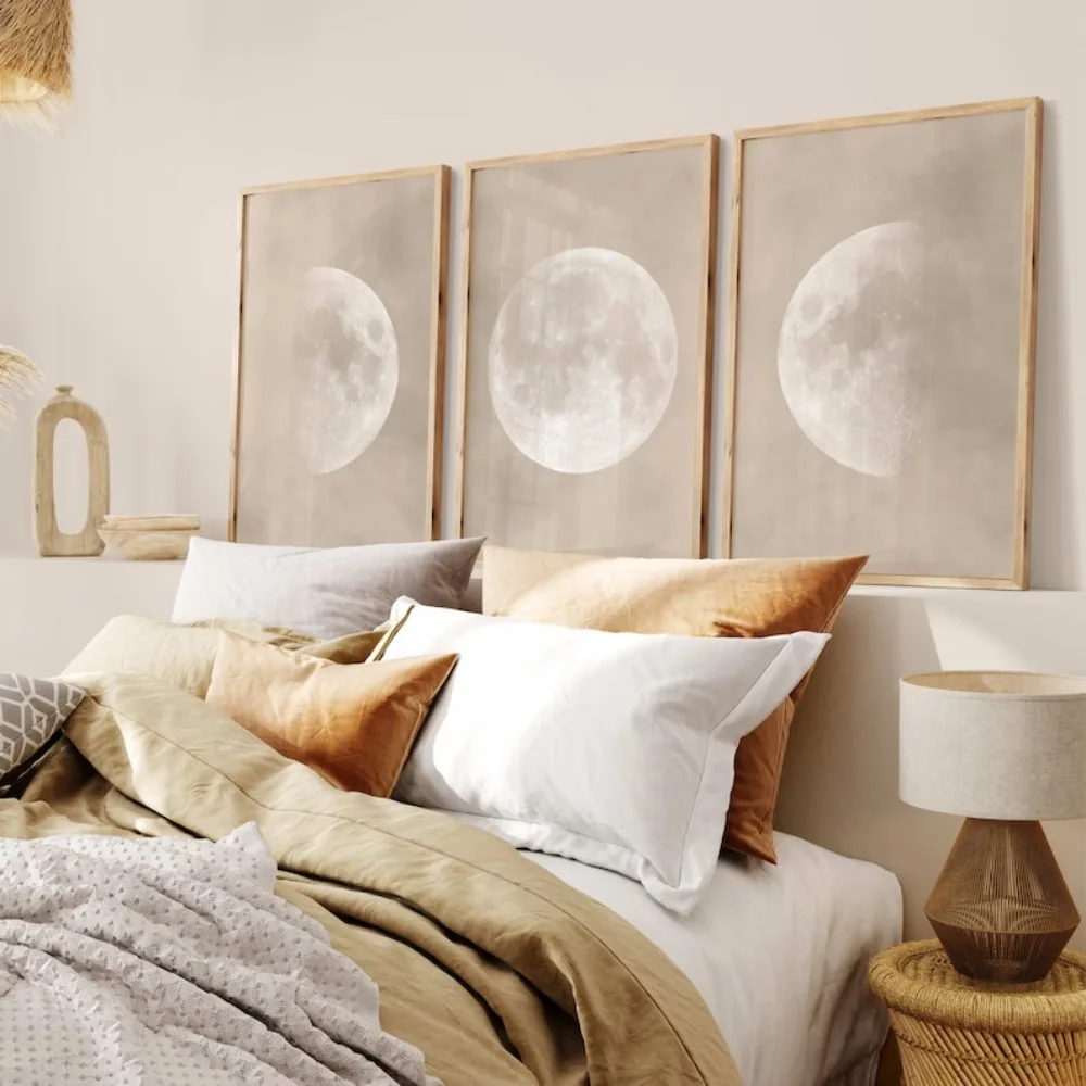 3pcs Frameless Bedroom Wall Art on The Bed,Moon Art,Beige,Bedroom Wall Decoration,Neutral Wall Art,White,Bedroom Decoration