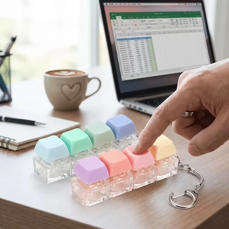1 stress-relief keychain, keyboard button design, finger pressing key ring, a peaceful little tool, random colors