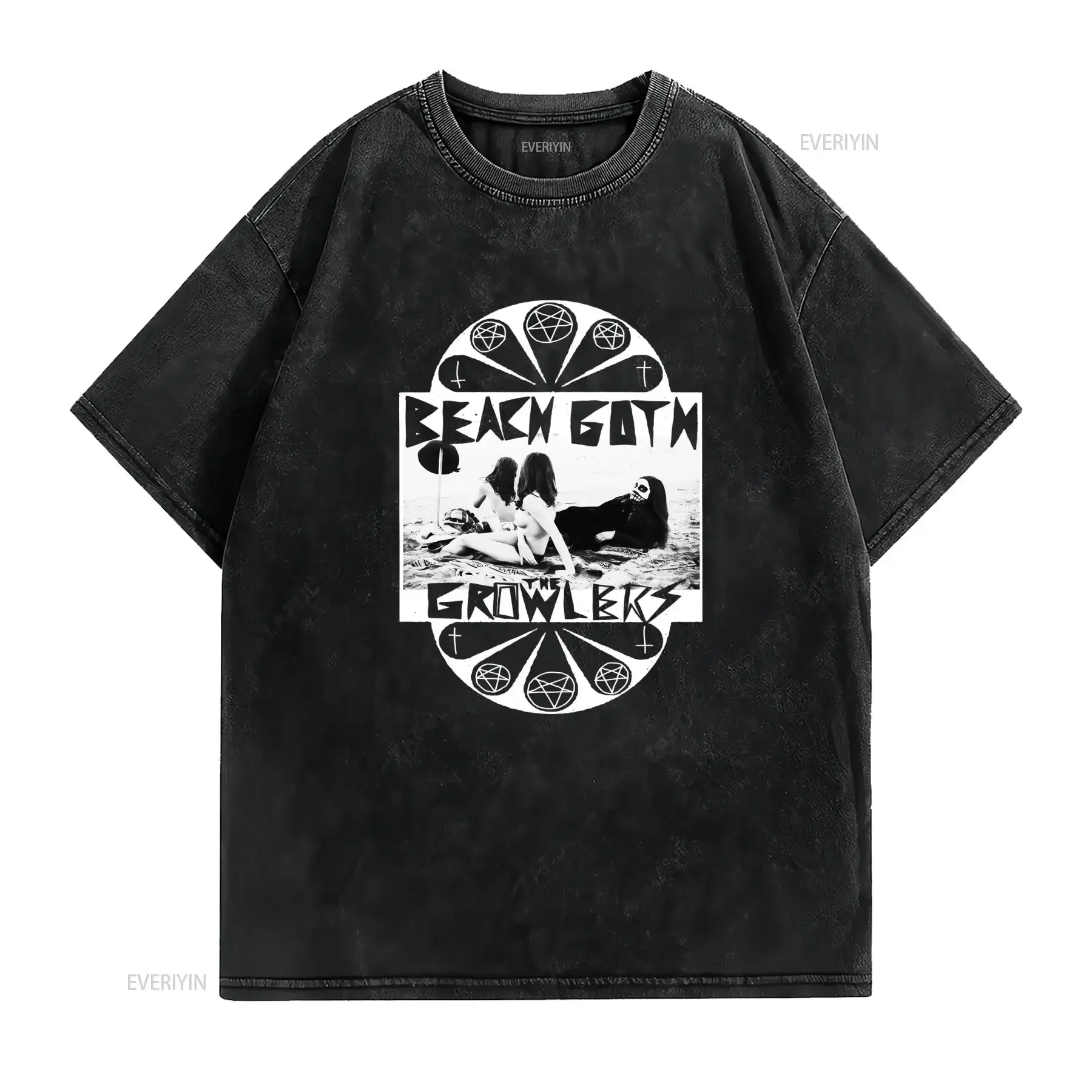 Gothic Vintage Beach Goth The Growlers Pentagram Print Casual Streetwear T Shirt vintage Washed Versatile Unisex streetwear