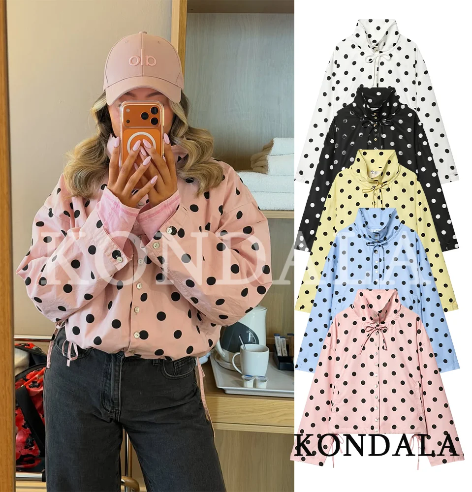 

KONDALA Trendy Polka Dot Pink Jacket Women's High Street Stand-up Collar Buttons Jacket 2026 Spring Summer Fashion Cute Jacket