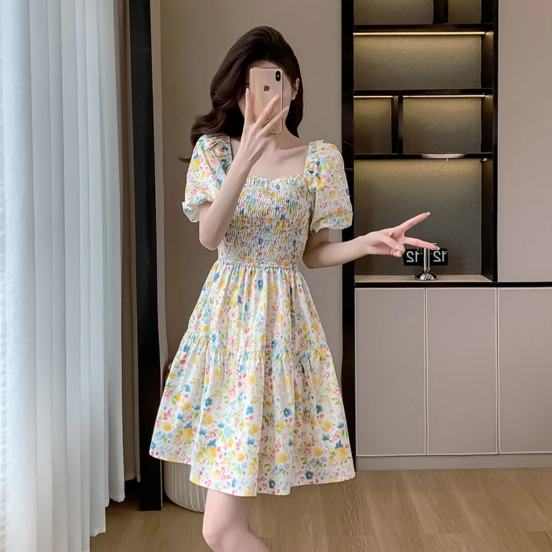 

Желтое платье с цветочным принтом и квадратным вырезом, женское летнее приталенное платье для милых девушек, маленького размера, А-силуэт, из хлопка, с пышными рукавами