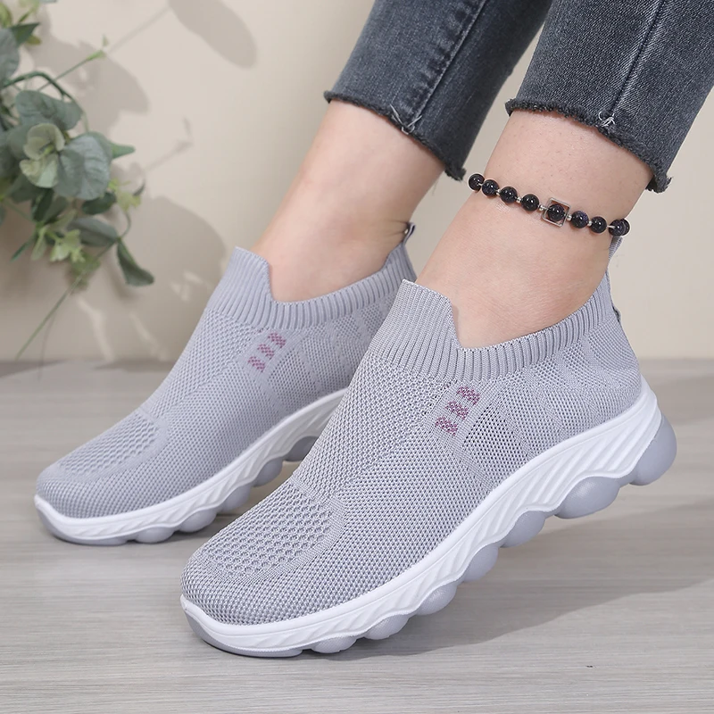 Gray Breathable Knit Mesh Slip-On Sneakers for Women, Lightweight Comfortable Shoes with Cushioned Wavy Sole view 2