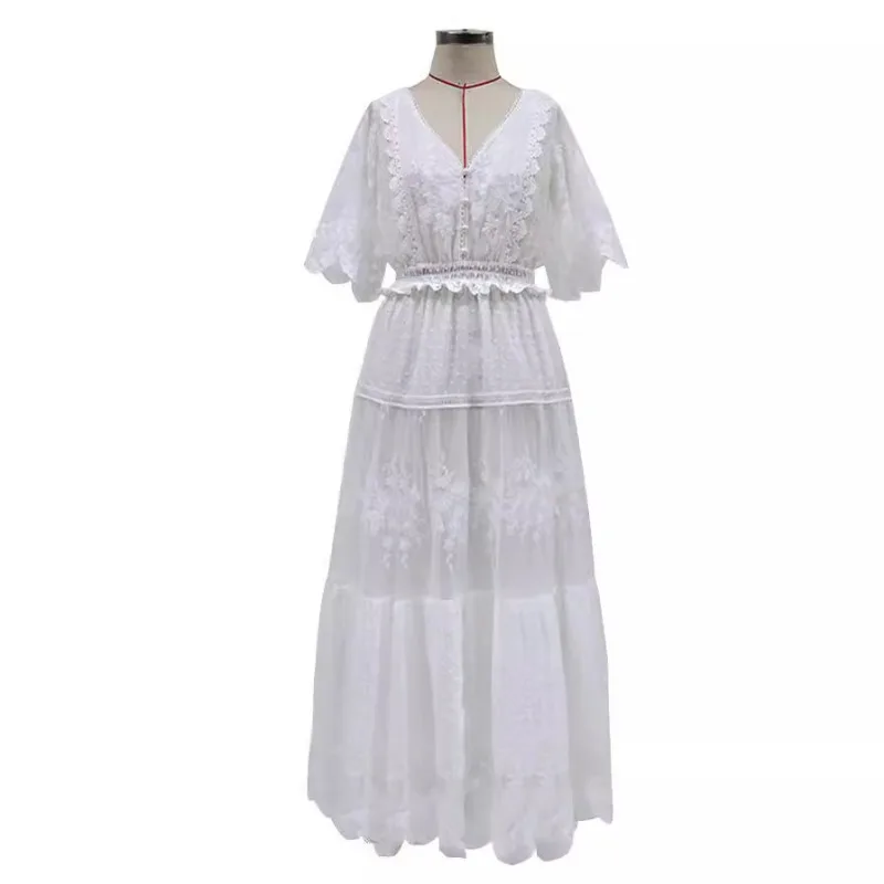 2024 estate nuove donne di modo con scollo a v abiti in pizzo a maniche corte abito bianco femminile abiti eleganti in Chiffon da donna Sexy