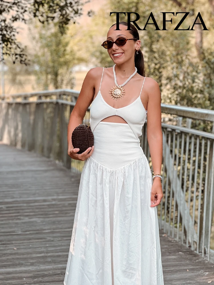 

TRAFZA Woman Summer Fashion Backless V-Neck Pleated Opening Design Midi Dress Women Solid Sleeveless Party Sling Dresses 2025