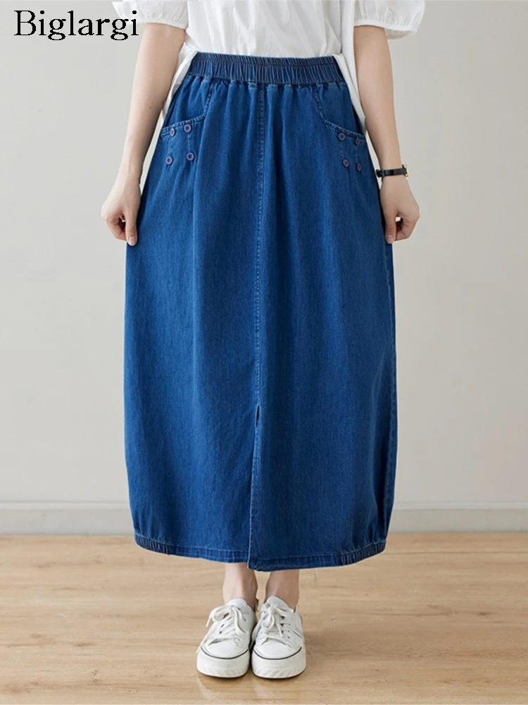 

Denim Oversized Elastic High Waist Summer Midi Skirt Women A-Line Fashion Split Ruffle Pleated Ladies Skirts Loose Woman Skirt