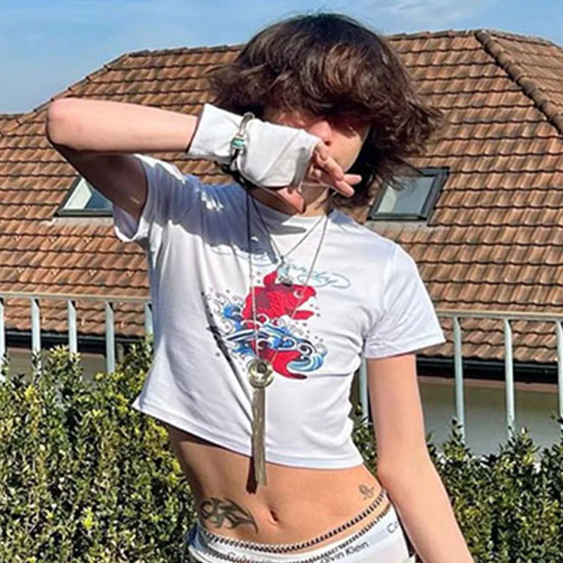 Estate donna Koi Fish Cartoon Prints Pattern donna manica corta Street Harajuku Hip Hop Fashion Crop Top abbigliamento