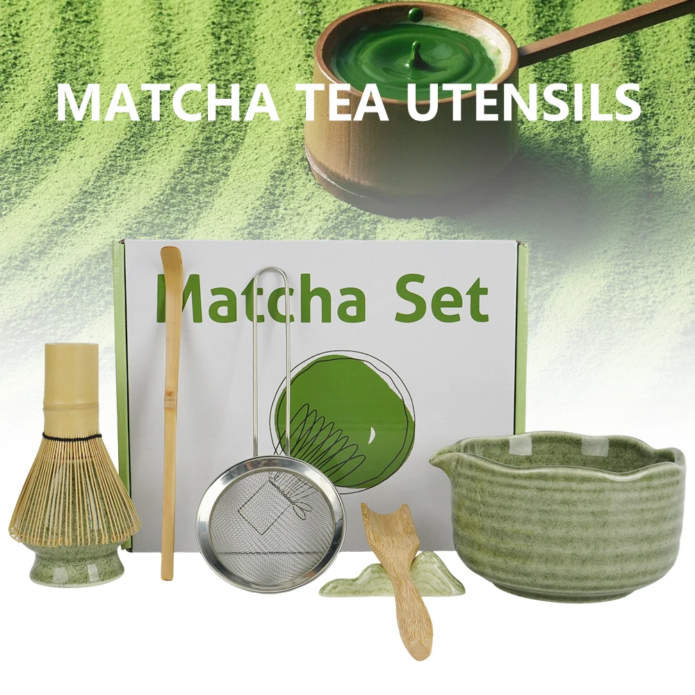 Matcha-Schneebesen-Set mit Schale, Keramik-Matcha-Zubereitungsset inklusive Bambus-Schneebesen (Chasen), Halterständer, 2 Löffel, Teezubehör für die Teezeremonie
