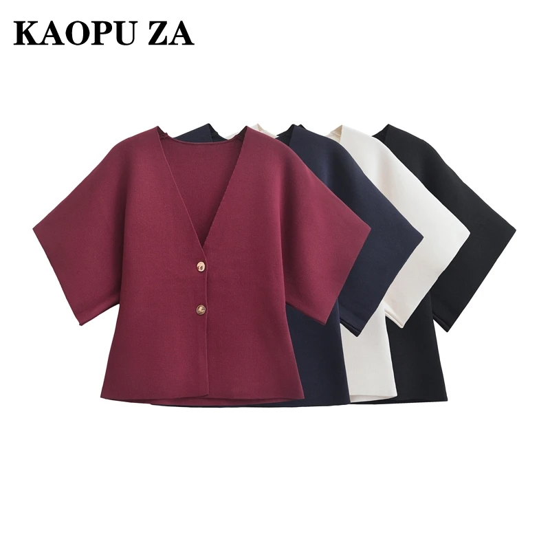 KAOPU ZA Woman's 2024 Autumn New Casual Knitted Coat Lady Vintage V Knit Sweater Two Buttons Short Sleeve Solid Color Jacket Top