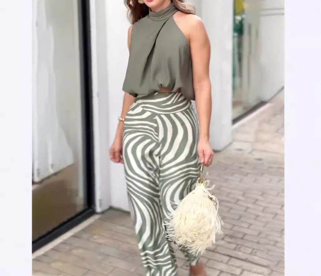 Two-piece Set for Women\'s Clothing Streetwear 2024 Summer New Sleeveless Hanging Neck Top and Wide Leg Pants Fashion Suit Y2k