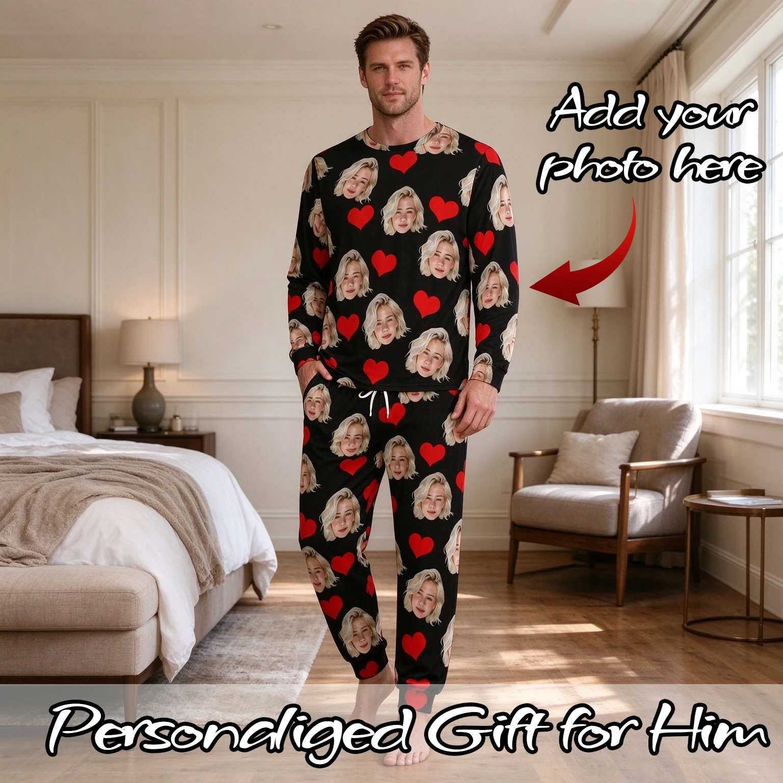 Customized Men's Pajamas Set with Personalized Face Avatar Unique Valentine's Day Gift Comfortable Sleepwear for Him