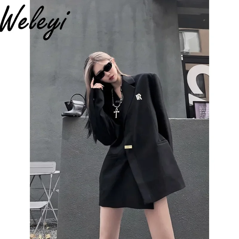 

Spring Clothes Ladies Office Autumn Black Blazer Women England Style Loose Long Sleeve Suit Collar Mid-length Blazers Femme