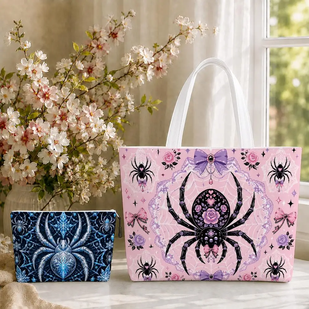 Spooky Spider Garden Storage Bags 2-Piece Zipper Canvas Set Large Capacity Reusable For Work School Shopping & Travel&Gift