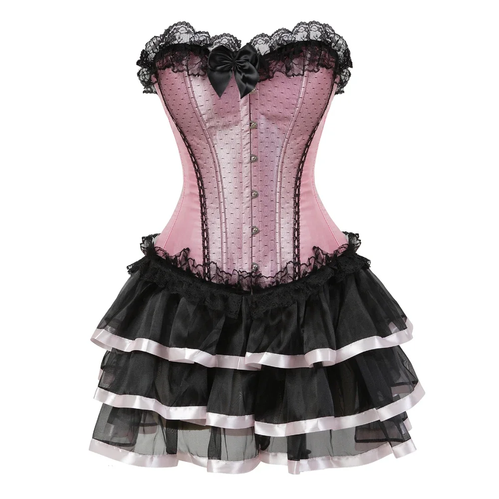 

Women Burlesque Corset Dress Gothic Lace Up Bustier with Mini Tutu Skirt Sexy Vintage Corsets Dancer Costume Plus Size Outfit