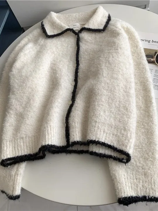 

Корейский женский вязаный кардиган, свитер, мягкий, уютный, ленивый, студенческий, осенне-зимний, с откидным воротником, теплый топ с открытым передом