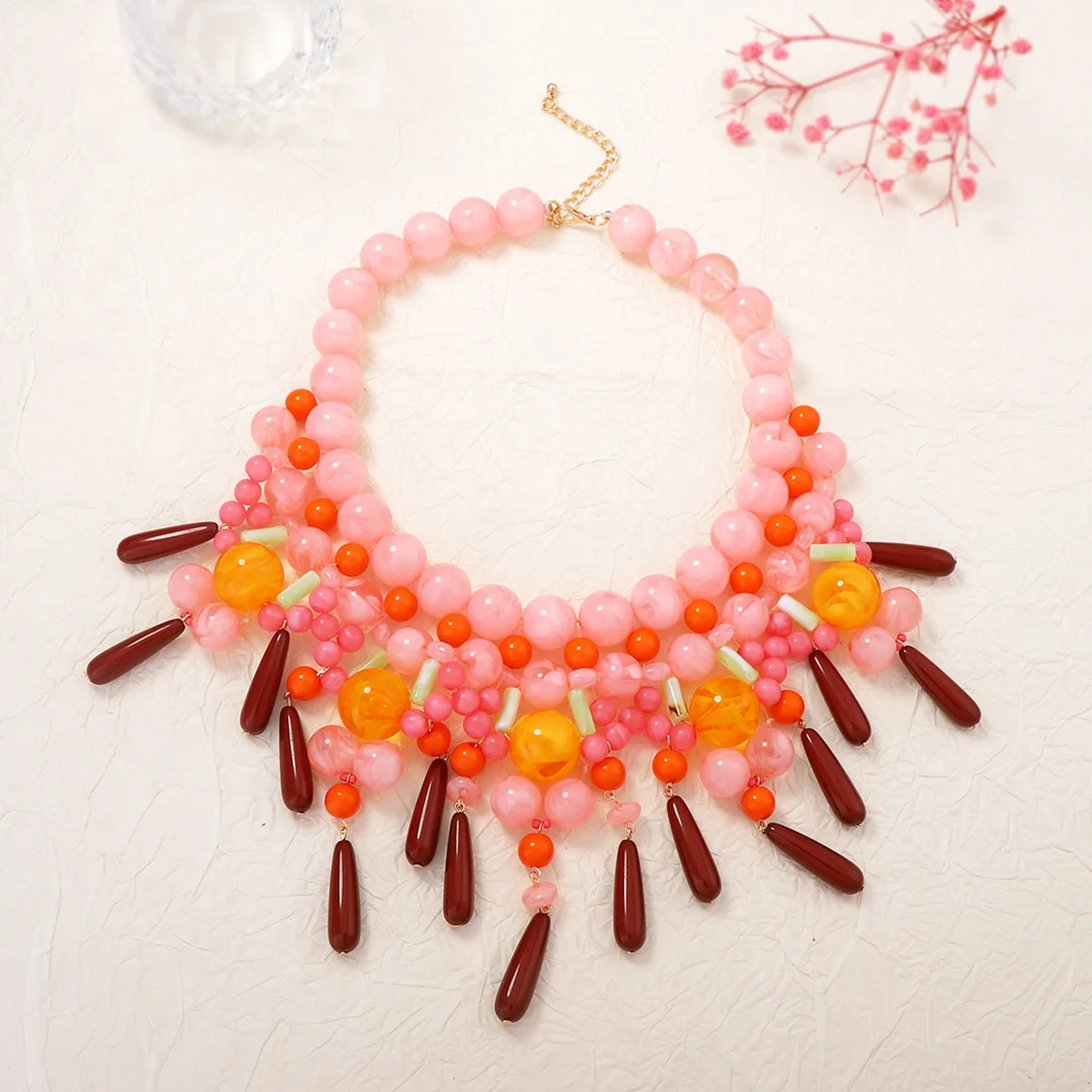 Bohemian Colorful Resin Beaded Necklace for Women Pink Orange Red Layered Choker Fashion Statement Jewelry