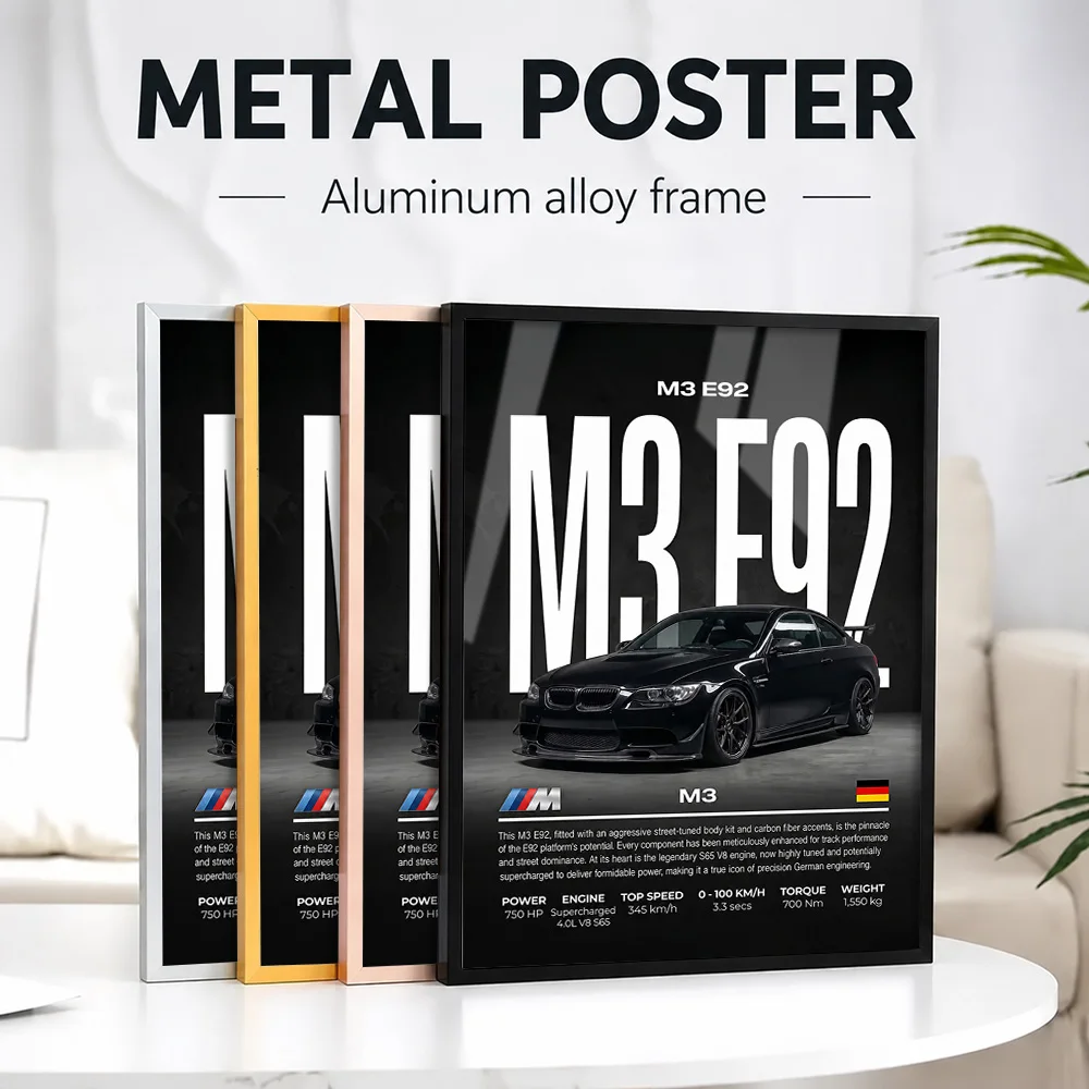 Sleek Black Germany M3 E92 Metal Poster With Aluminum Alloy Frame Customized Photo Cinematic Night Style Wall Art For Man Cave