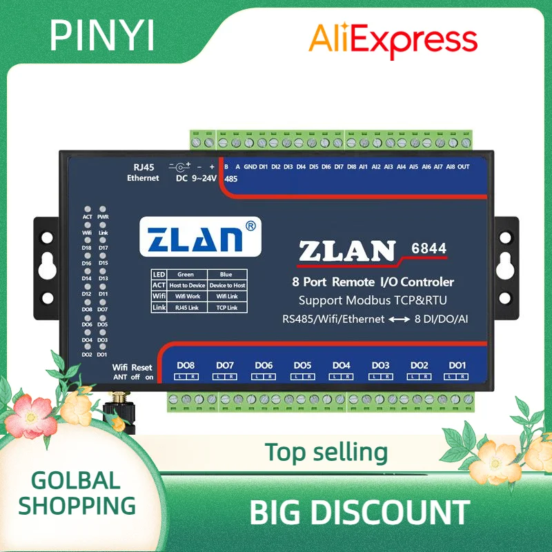 8 Ports DI DO AI MQTT Modbus TCP MQTT Wifi Remote Control IO Controller ZLAN6844