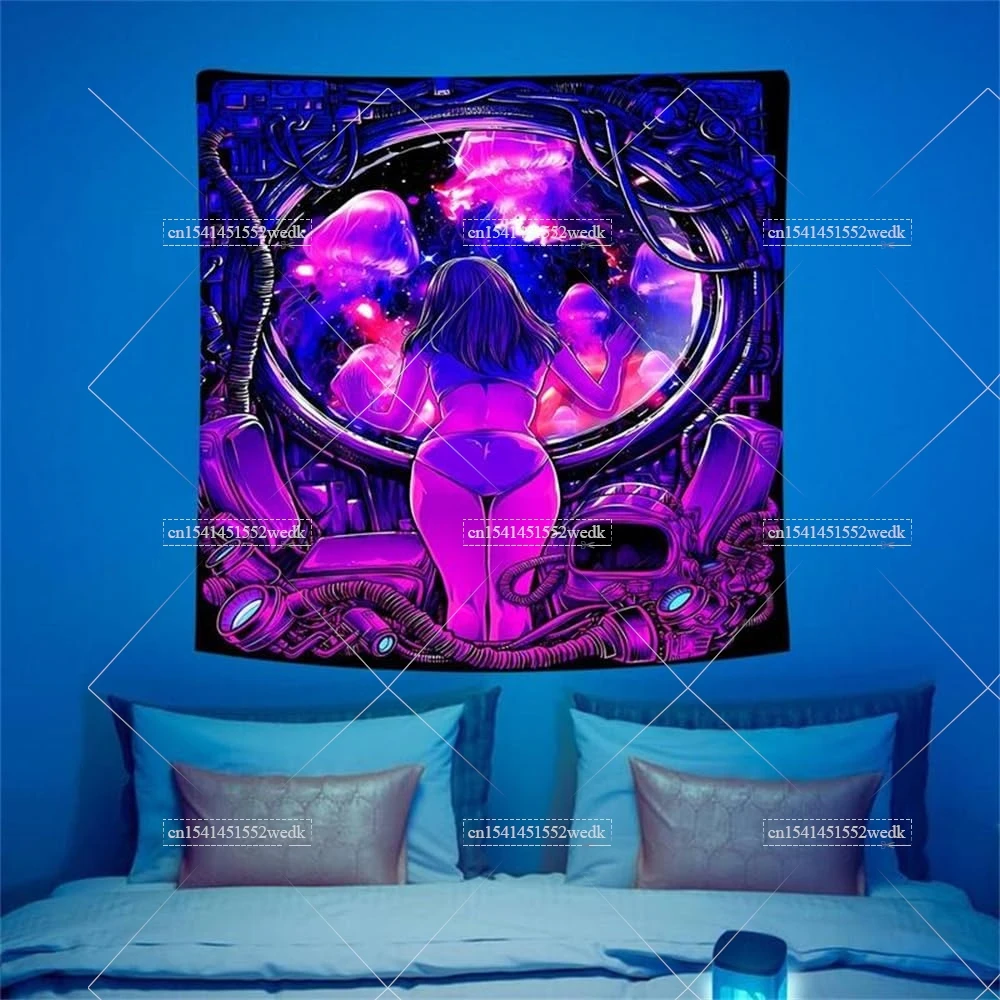 Hippie Girl Fluorescent Tapestry For Room UV Reactive Neon Fluorescent Tapestrys Glow In The Dark Wall Art Aesthetic Wallpapers