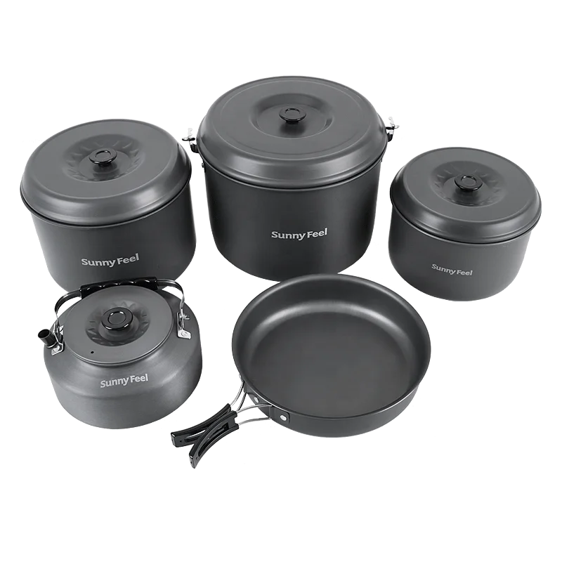 

STLFSunnyFeel 5-Piece Lightweight Hard Anodized Aluminum Camping Cookware Set for Outdoor, Hiking, and Backpacking