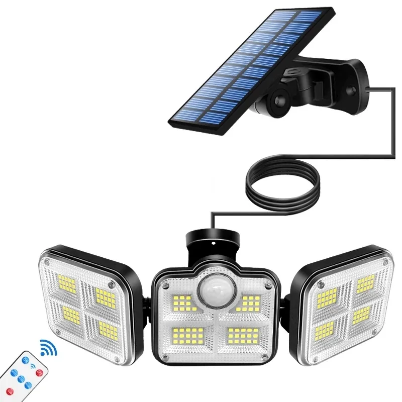 

108/122/138/171 LED Solar Lights 3 Head Motion Sensor 270° Wide Angle Illumination Outdoor Waterproof Remote Control Wall Lamp