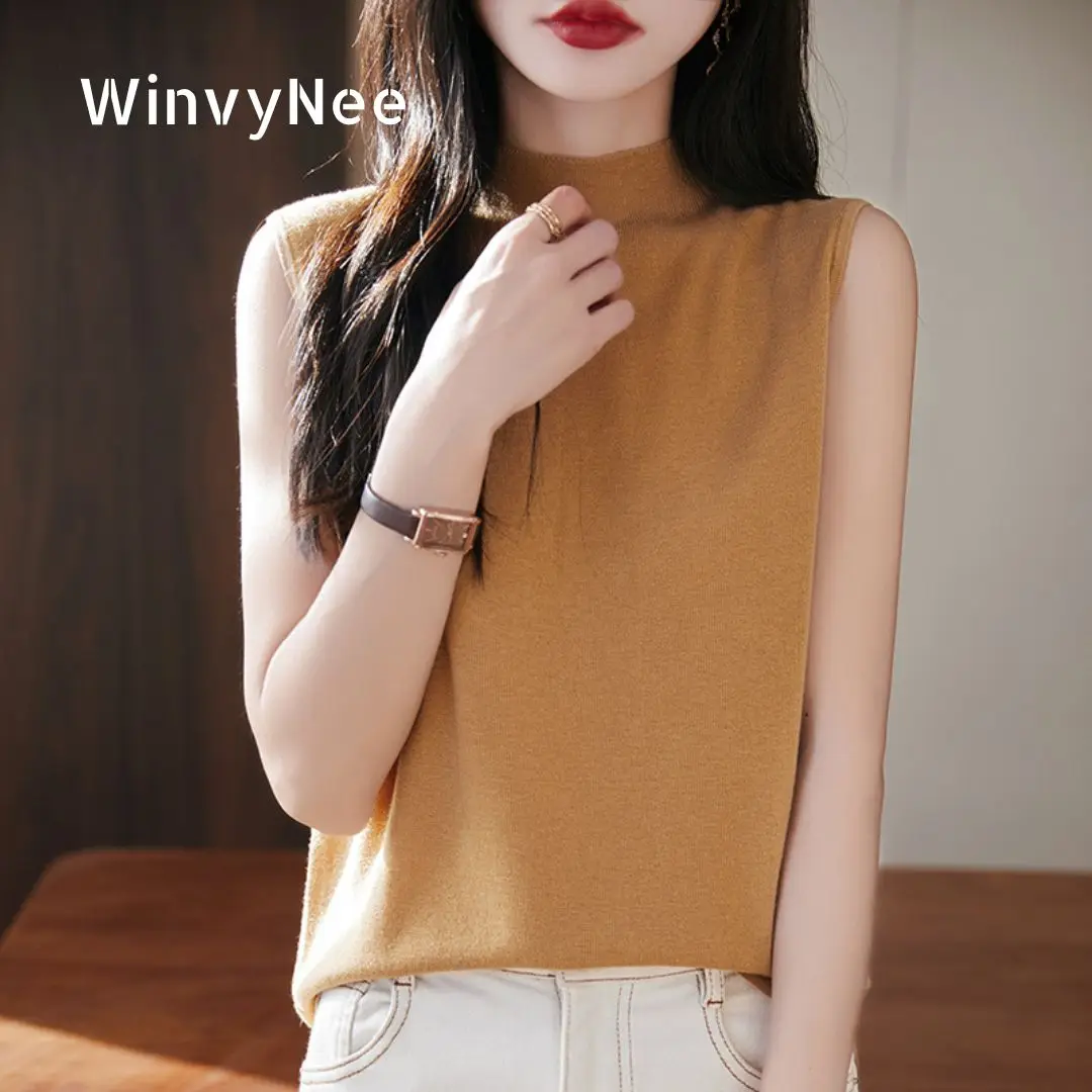 WinvyNee Women's Worsted Wool Mock Neck Luxury Spring Autumn Trendy Loose Premium Soft Breathable Daily Wear Tank Tops C1757025