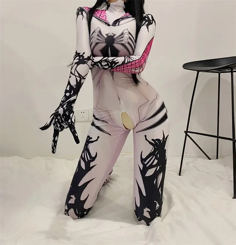 Cosplay Spider Sexy Lingerie Erótica Feminina, Fato Zentai, Macacão Mulher, Bodysuit Branco, Roupa Extravagante, Festa, Virilha Aberta