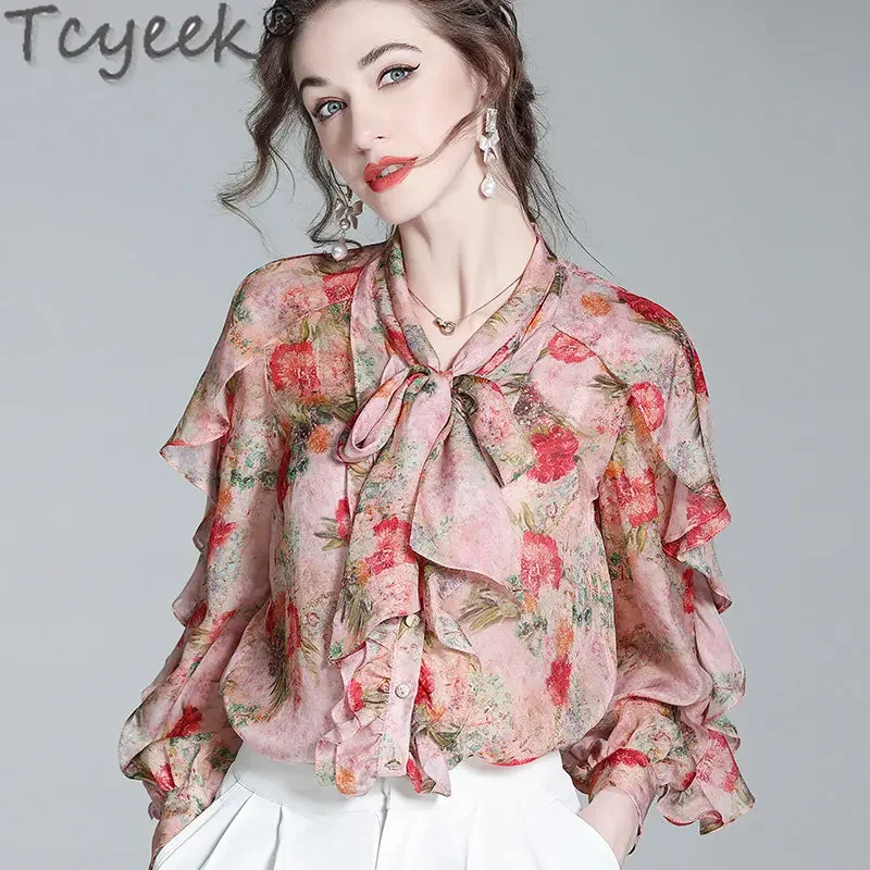 

Tcyeek 2023 New Elegant 100% Mulberry Slik Shirt Women Clothing High Quality Lace Up Long Sleeves Tops Women Printing Blouse Zm