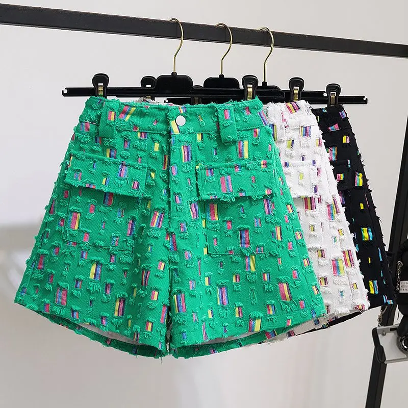 Summer New Personalized Perforated Colorful Patch Denim Shorts Women's Street Clothing High Waist Slim Wide Leg Pants TT1566