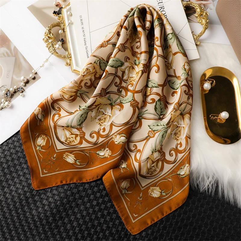 Fashion Flower Print Satin Square Silk Scarf for Women Hand Bag Wrist Wraps Lady Scarves Shawl 2024 Design Neckerchief Foulard