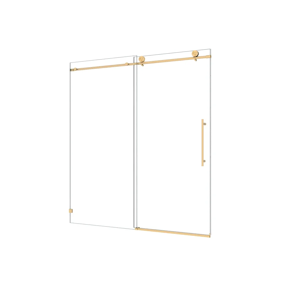 6076 Brushed Gold frameless one fixed and one shifted Shower Door,70MM 304 stainless steel large pulleys with adjustable