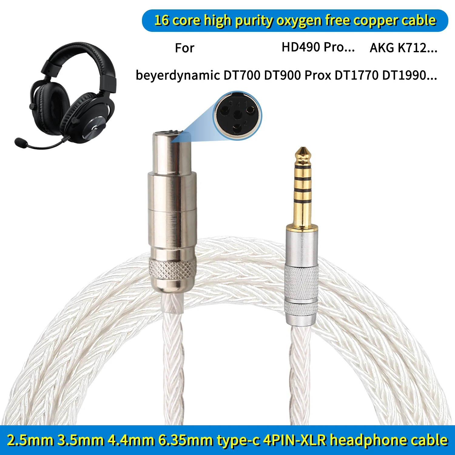 HiFi 16 Core Silver Plated Headphone Upgrade Cable for Sennheiser HD490 Pro HD490 Pro Mini XLR Audiophile Replacement Cord