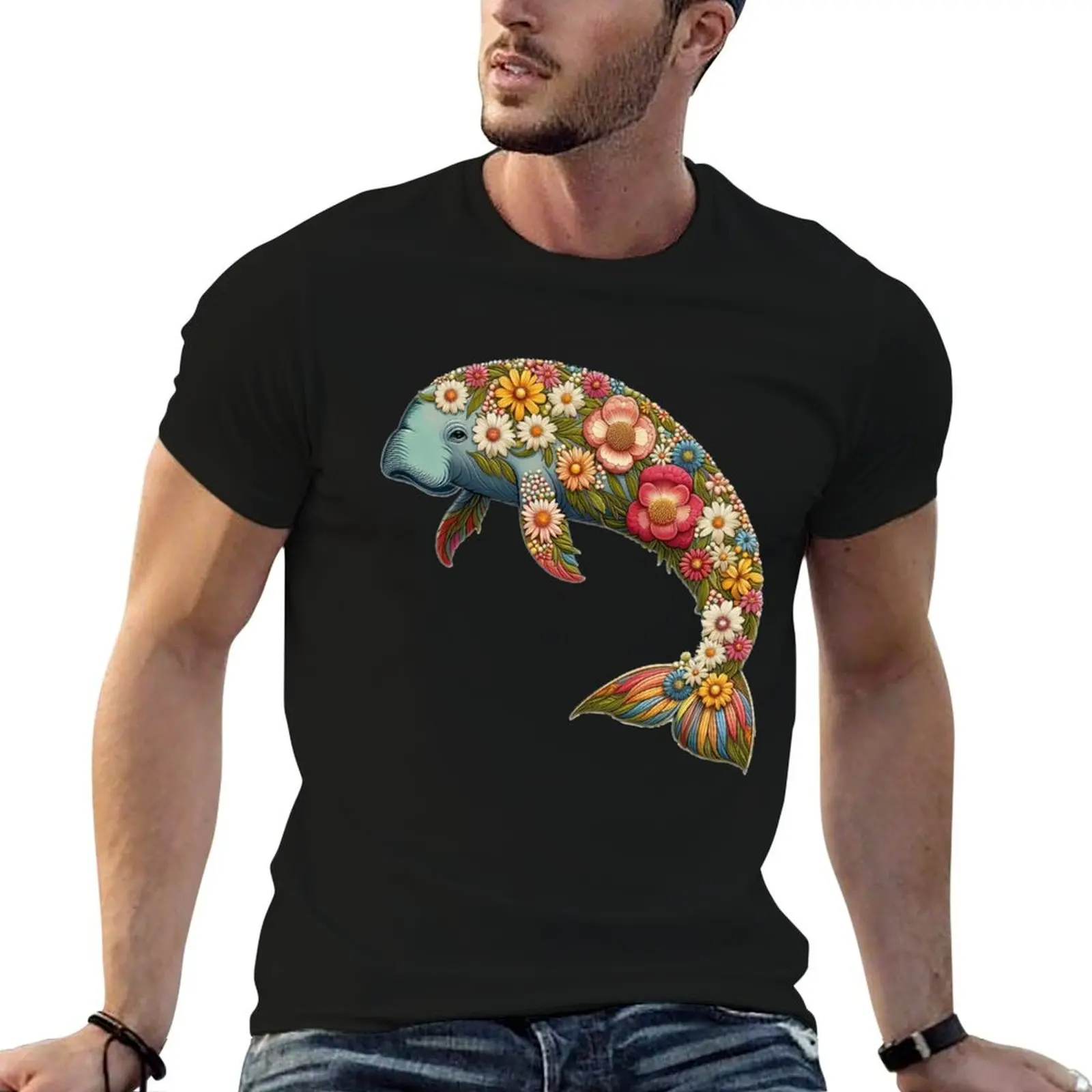 Flower Retro Dugong T-Shirt Breathable Mesh Panel T-Shirt
