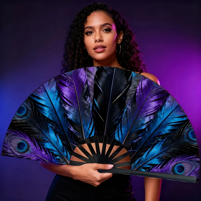 Ladies Holding Fans in Peacock Feather Shapes, Perfect for Celebrations, Parties, Weddings, and Summer Cooling