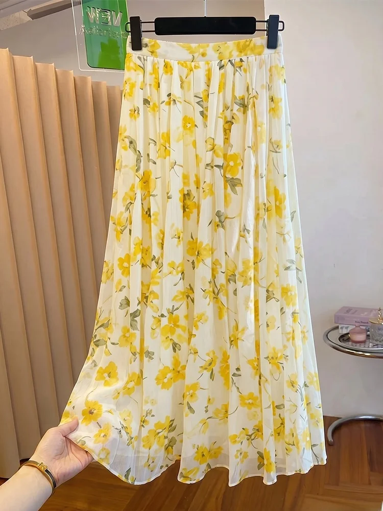 

Dopamine Style Yellow Floral A-Line Skirt High Waist Slimming Age-Defying Midi Skirt Summer Collection Women's Fashion
